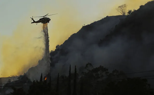 A helicopter makes a drop on a wildfire along a hillside in Duarte, Calif., Monday, June 20, 2016. (Photo by Ringo H.W. Chiu/AP Photo)