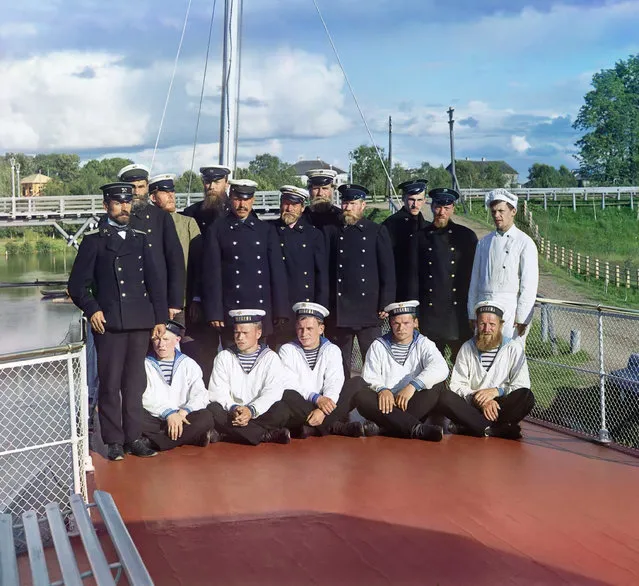 Photos by Sergey Prokudin-Gorsky. Crew of the steamship 'Sheksna' of the M.P.S. (Ministry of Communication and Transportation). Russian Empire, Olonets province, Vytegra county, Vytegra, 1909