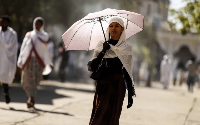 An Ethiopian Orthodox Christian woman, holding an umbrella, makes her way to attend the Hosanna Day (Happiness Day) celebrations held a week ahead of the Easter, at the Bole Medehanialem Church in Addis Ababa, Ethiopia on April 12, 2020. (Photo by Minasse Wondimu Hailu/Anadolu Agency via Getty Images)