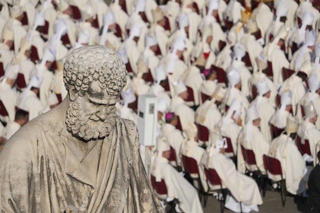 Prelates attend a mass presided over by Pope Francis and concelebrated by the new cardinals for the start of the XVI General Assembly of the Synod of Bishops in St. Peter's Square at The Vatican, Wednesday, October 4, 2023. Pope Francis is convening a global gathering of bishops and laypeople to discuss the future of the Catholic Church, including some hot-button issues that have previously been considered off the table for discussion. Key agenda items include women's role in the church, welcoming LGBTQ+ Catholics, and how bishops exercise authority. For the first time, women and laypeople can vote on specific proposals alongside bishops (Photo by Andrew Medichini/AP Photo)