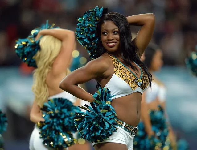 October 27, 2013; London, UK; Jacksonville Jaguars cheerleaders perform during an International Series game against the San Francisco 49ers at Wembley Stadium. (Photo by Bob Martin/USA TODAY Sports)