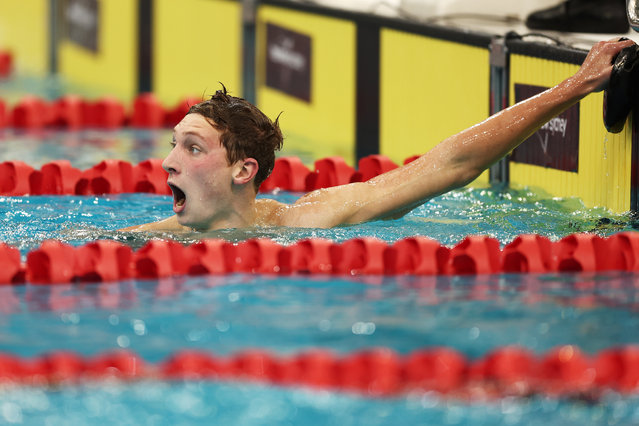David Johnston of the United Sates celebrates winning the Men's 800m Freestyle Final during the 2022 Australian Short Course Championships at Sydney Olympic Park  Aquatic Centre on August 24, 2022 in Sydney, Australia. (Photo by Matt King/Getty Images)