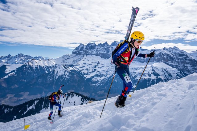 Axelle Gachet Mollaret (L) of France and Celia Perillat Pessey of France in action during the Team race at the ISMF Ski Mountaineering World Championships, in Morgins, Switzerland, 08 March 2025. (Photo by Maxime Schmid/EPA)