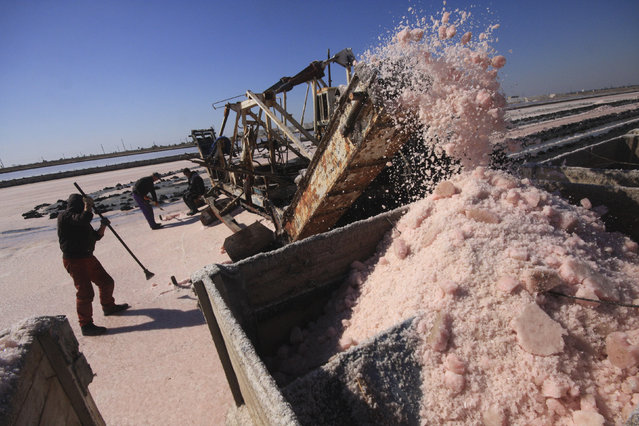 A train is loaded with sea salt at a salt production facility at the Sasyk-Sivash lake near the city of Yevpatoria in Crimea, October 5, 2014. The area has a long tradition of salt production, prepared from salt flats flooded with water from the Black Sea. (Photo by Pavel Rebrov/Reuters)