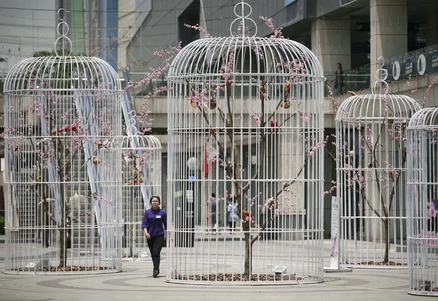 A woman walks past an installation of giant bird cages containing artificial trees and birds on a square in Nanjing, Jiangsu province, China May 22, 2013. (Photo by Reuters/Stringer)