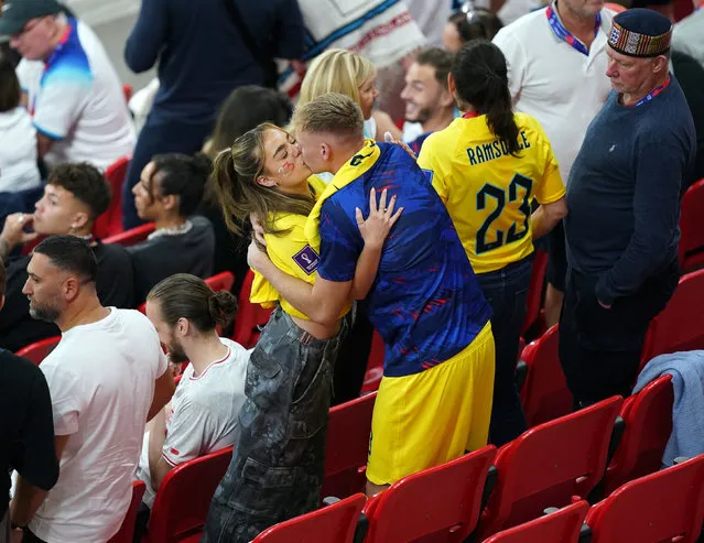 Flight attendant for British Airways Georgina Irwin (left) with fiance, England goalkeeper Aaron Ramsdale following the FIFA World Cup Group B match at the Ahmad Bin Ali Stadium, Al Rayyan, Qatar on Tuesday, November 29, 2022. (Photo by Mike Egerton/PA Wire Press Association)