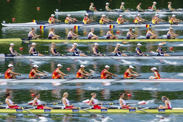 The teams of Australia, Romania, Germany, the United States, China and Poland, from top, compete in the Women's Eight preliminary race on the first day of the 2025 World Rowing Cup at Rotsee in Lucerne, Switzerland, on Friday, June 27, 2025. (Photo by Philipp Schmidli/Keystone via AP Photo)