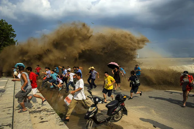 Visitors run away as waves from a tidal bore surge past a barrier on the banks of Qiantang River, in Hangzhou Zhejiang province, August 24, 2013. (Photo by Reuters/Stringer)
