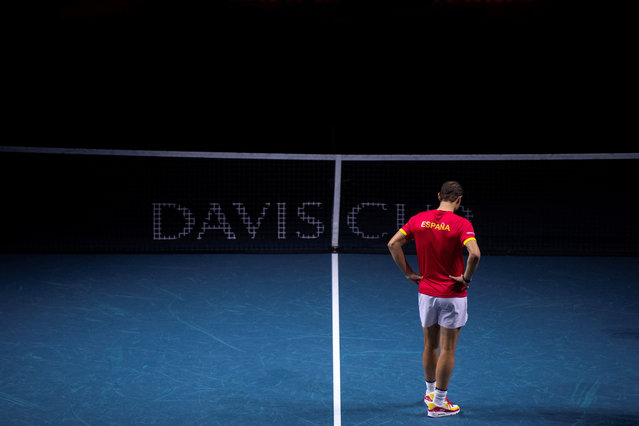 Spain's Rafael Nadal attends a tribute to his career at the end of the quarter-final doubles match between Netherlands and Spain during the Davis Cup Finals at the Palacio de Deportes Jose Maria Martin Carpena arena in Malaga, southern Spain, on November 19, 2024. Superstar Rafael Nadal's glittering career in professional tennis came to an end on November 19, 2024 as Netherlands eliminated Spain in the Davis Cup quarter-finals. (Photo by Jorge Guerrero/AFP Photo)