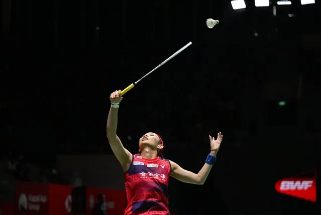 Tai Tzu Ying of Taiwan hits a return against Pusarla V. Sindhu of India during their women's singles at Indonesia Open Badminton tournament in Jakarta on June 15, 2023. (Photo by Adek Berry/AFP Photo)
