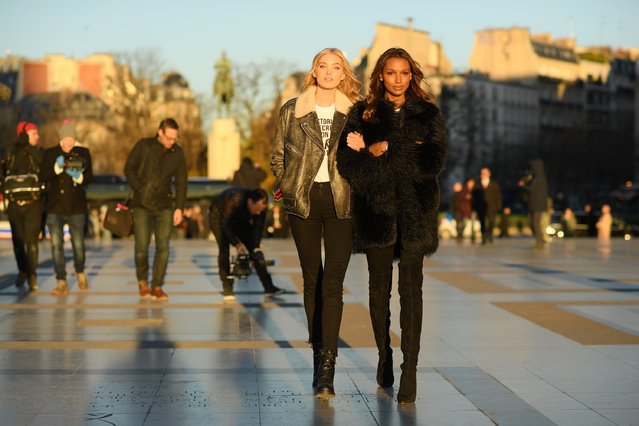 Elsa Hosk and Jasmine Tookes arrive in front of the Eiffel Tower prior the 2016 Victoria's Secret Fashion Show on November 29, 2016 in Paris, France. (Photo by Dimitrios Kambouris/Getty Images for Victoria's Secret)