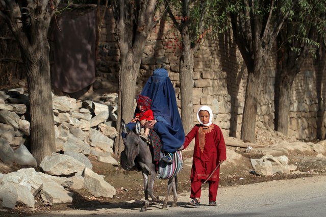 In this photograph taken on August 9, 2023, an Afghan burqa-clad woman rides a donkey along with children on a street in Tagab district of Badakhshan province. (Photo by Omer Abrar/AFP Photo)