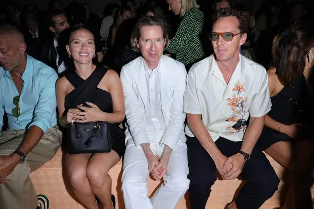 (L-R) American actress Scarlett Johansson, American filmmaker Wes Anderson and English actor Benedict Cumberbatch  attend the Prada Spring/Summer 2024 Womenswear Fashion Show on September 21, 2023 in Milan, Italy. (Photo by Jacopo M. Raule/Getty Images for Prada)