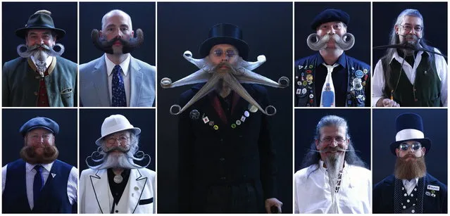 A combination photo shows participants taking part in the Beard World Championship 2013 in Leinfelden-Echterdingen near Stuttgart November 2, 2013. More than 300 people from around the world compete in different moustache and beard categories. Top row (L-R): Norbert Topf from Austria, Michael Johnson of the U.S., Armin Bielefeldt of the U.S., Franz Mitterhauser from Austria and Charlie Savill from Britain. Bottom row (L-R): Eric Jansson of the U.S., Gerhard Knapp of Germany, Frazer Coppin of Britain and Jeffrey Moustache of the U.S. (Photo by Michaela Rehle/Reuters)