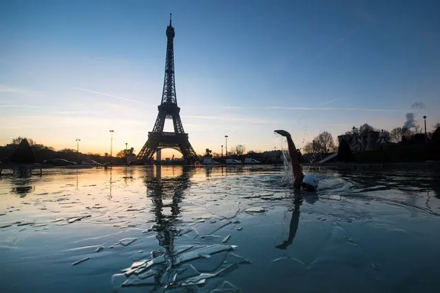 A man swims in the frozen water of the Trocadero fountain in front Eiffel Tower, on January 6, 2017 in Paris. (Photo by Olivier Morin/AFP Photo)