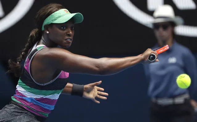 United States' Sloane Stephens makes a backhand return to Hungary's Timea Babos during their second round match at the Australian Open tennis championships in Melbourne, Australia, Wednesday, January 16, 2019. (Photo by Mark Schiefelbein/AP Photo)