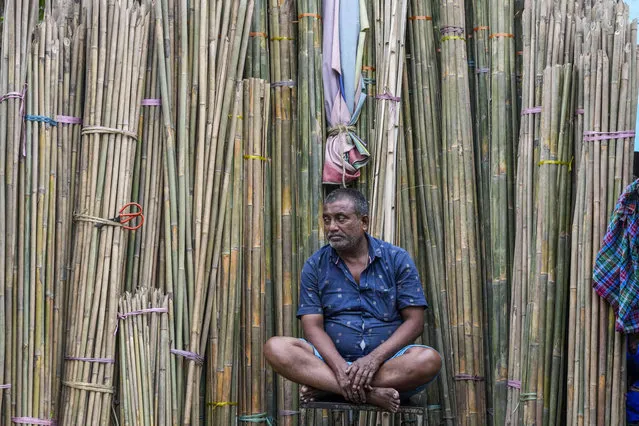 A vendor of bamboo canes awaits customers at a wholesale flower market in Kolkata, India, Thursday, February 22, 2024. Bamboo canes alongwith flowers are in demand for wedding venue decorations. (Photo by Bikas Das/AP Photo)