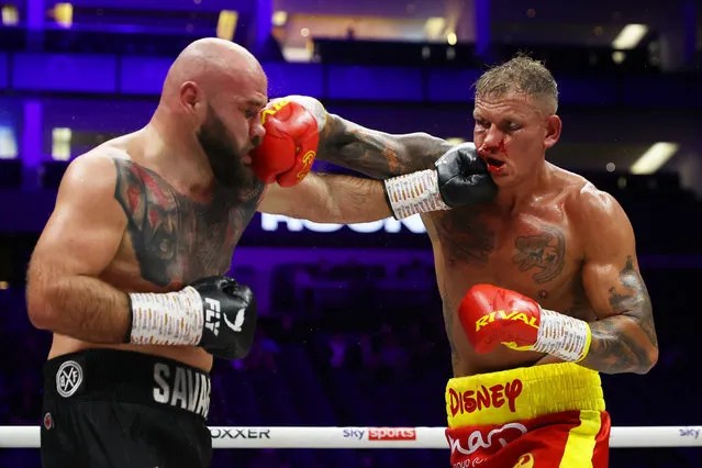 Alen Babic is punched by Steve Robinson during the Heavyweight fight between Alen Babic and Steve Robinson at The O2 Arena on March 31, 2024 in London, England. (Photo by James Chance/Getty Images)
