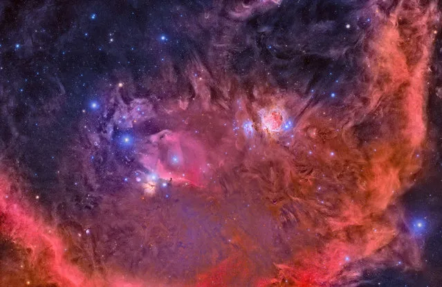 Orion. Paul Villaverde Fraile (Spain). This mosaic of nine photographs depicts several famous nebulas, such as the Orion and the Horsehead ones. In the lower left of the pictures, there is the reflection of nebula M 78, also known as NGC 2068. The surrounding ring is the emission nebula known as Barnard’s Loop. (Photo by Raul Villaverde Fraile/Royal Observatory Greenwich)