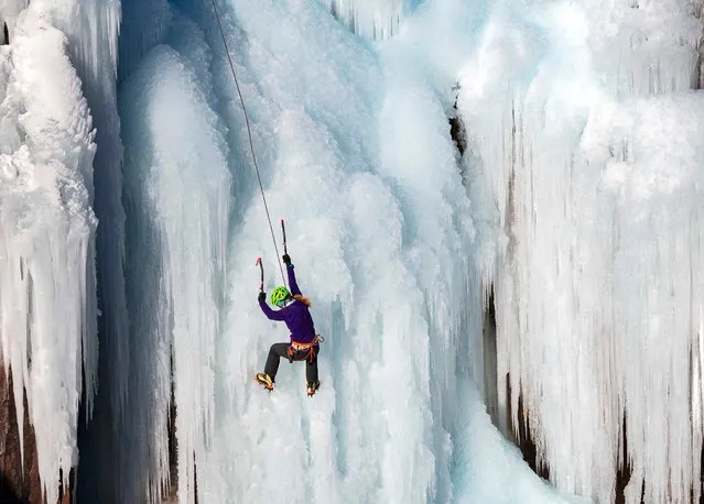 Sarah Haubert of Ouray, Colo., climbs the Scottish Gullies in the Ouray Ice Park as she practices for the speed climbing competition during the annual Ouray Ice Festival and Competition, Thursday, January 20, 2022 in Ouray, Colo. The festival runs through the weekend. (Photo by Christian Murdock/The Gazette via AP Photo)