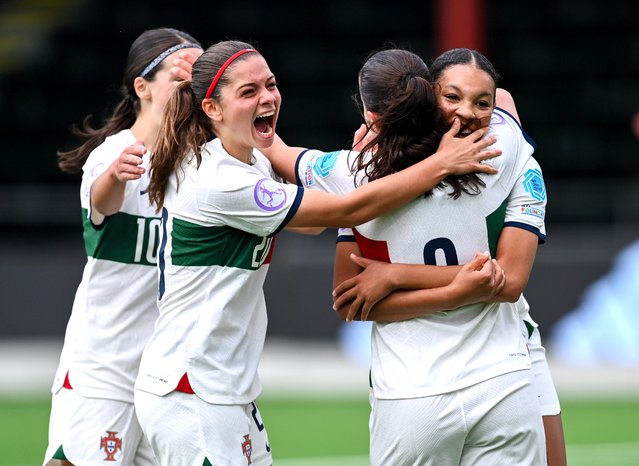 Portugal players celebrate during Women's Euro 2025 Qualifier after the match Malta v Portugal at Centenary Stadium in Ta' Qali, Malta on April 9, 2024. (Photo by FPF)