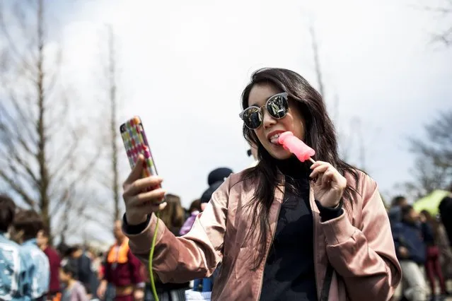A woman takes a selfie as she holds candy in the shape of a phallus during the annual Kanamara Festival in Kawasaki on April 2, 2017. Japanese revellers carried giant phalluses through the streets of Kawasaki to worship the humble pen*s and fertility in one of the world' s most unusual festivals. Tens of thousands gather every spring for the festival, where they can buy keepsakes such as key chains, trinkets, pens, chocolates and even toy glasses with a plastic pen*s nose. (Photo by Behrouz Mehri/AFP Photo)