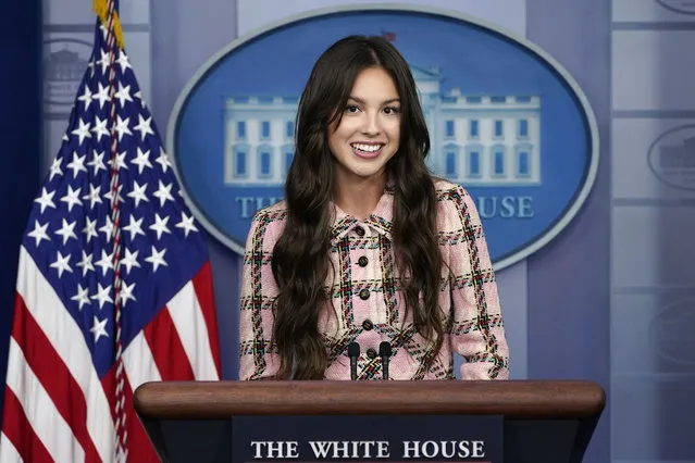 Teen pop star Olivia Rodrigo speaks at the beginning of the daily briefing at the White House in Washington, Wednesday, July 14, 2021. Rodrigo is at the White House to film a vaccination video. (Photo by Susan Walsh/AP Photo)