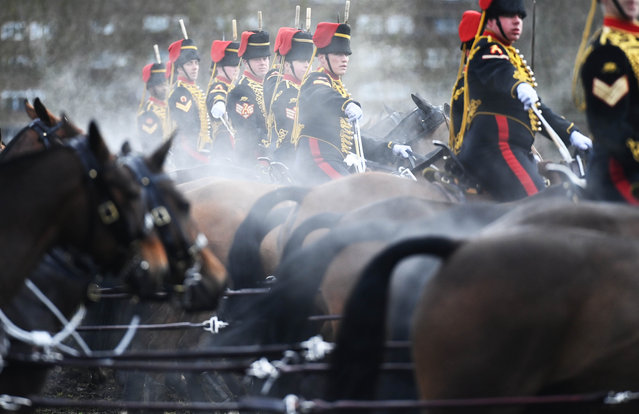 Steam rises from horses as members of the King's Troop Royal Horse Artillery take part in the Major General's inspection and musical drive at Woolwich Barracks in London, Britain 14 March 2023. The Major General's Inspection determines whether the troops are fit to perform ceremonial duties over the next 12 months. (Photo by Neil Hall/EPA/EFE/Rex Features/Shutterstock)