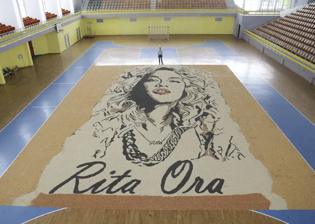 Kosovo artist and chef Alkent Pozhegu poses near a mosaic showing the portrait of Albanian-born singer Rita Ora, which he made from plant seeds, in Gjakova, Kosovo, May 17, 2017. Pozhegu aims to reach the Guiness World of Records for the largest seed mosaic with this 300 square metre installation. (Photo by Agron Beqiri/Reuters)