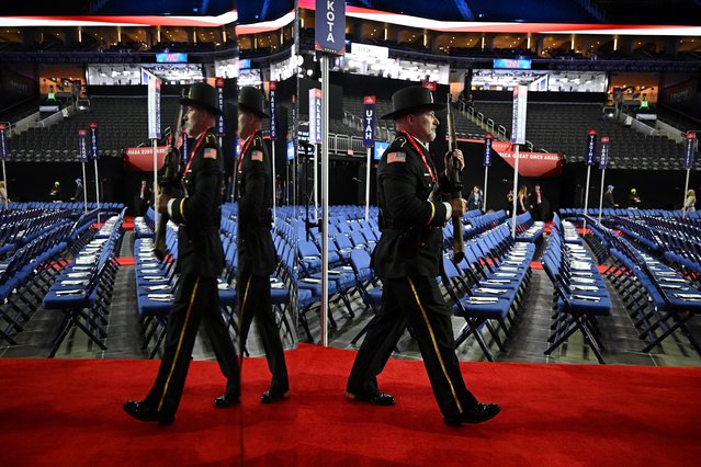 A color guard member carries his rifle ahead of the start of the first day of the Republican National Convention at the Fiserv Forum on July 15, 2024 in Milwaukee, Wisconsin. Delegates, politicians, and the Republican faithful are in Milwaukee for the annual convention, concluding with former President Donald Trump accepting his party's presidential nomination. The RNC takes place from July 15-18. (Photo by Leon Neal/Getty Images)