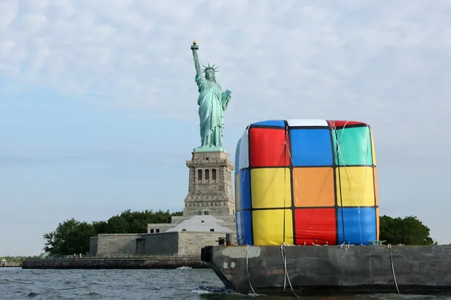 A general view of a Giant Rubik's Cube Floats Down Hudson River To Celebrate Birthday Of Erno Rubik And The Beyond Rubik's Cube Exhibition At Liberty Science Center on July 11, 2014 in Jersey City City. (Photo by Bennett Raglin/Getty Images for Liberty Science Center)