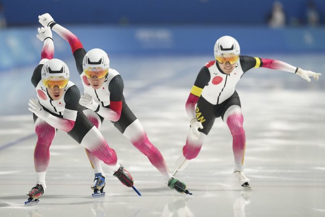 Japan team competes during the men's team sprint at the Speed Skating during the 9th Asian Winter Games in Harbin, China on Monday February 10, 2025. (Photo by Aaron Favila/AP Photo)