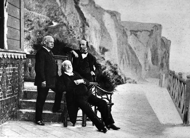 French author Victor Hugo (1800–1885) (seated) resting on a balcony in Geurnsey with two friends, circa 1865. (Photo by Hulton Archive)
