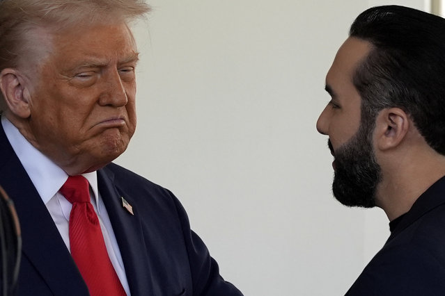 President Donald Trump greets El Salvador's President Nayib Bukele as he arrives at the West Wing of the White House, Monday, April 14, 2025, in Washington. (Photo by Alex Brandon/AP Photo)