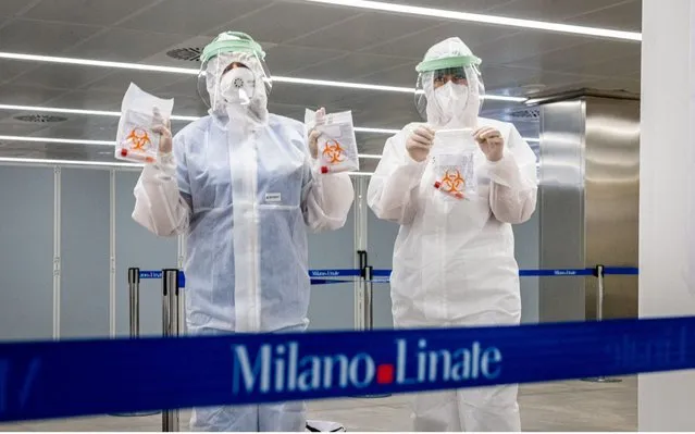 The first day of swabbing for coronavirus (COVID-19) at Linate Airport in Milan, Italy on August 21, 2020 for flights arriving from Croatia, Greece, Malta and Spain. (Photo by Marco Passaro/Rex Features/Shutterstock)