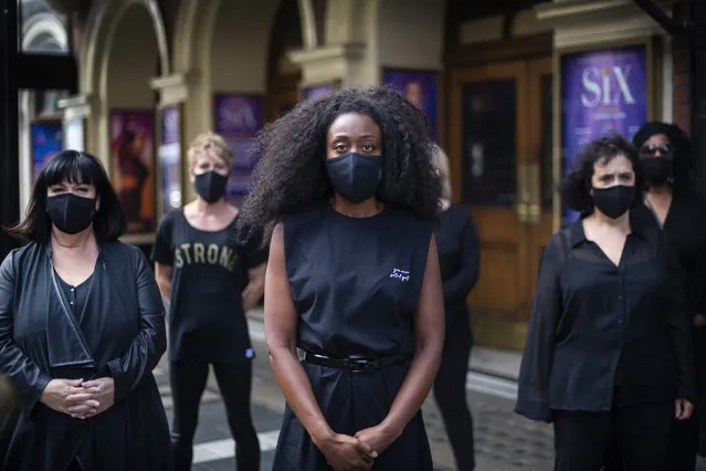 Comedian and writer Dawn French (front left) and singer Beverley Knight (front centre), join (L-R) actor Anna Jane Casey, theatre director Caroline Jay Ranger, theatre owner Nica Burns, and Royal Philharmonic Orchestra soloist Melanie Marshall outside the Lyric Theatre, central London on September 17, 2020, to make a two minute silent stand to raise further awareness of the need to reopen theatres across the UK without social distancing as soon as possible. (Photo by Victoria Jones/PA Images via Getty Images)