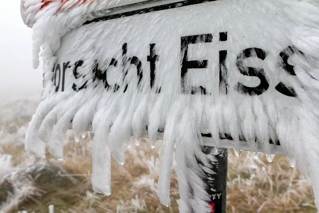 An ice crust builds up on a warning sign that reads “Caution Ice” on the Brocken mountain peak near Schierke, Germany, 19 November 2014. Meteorologists say that the Brocken is currently the coldest spot in the Harz mountainous region. At minus 5 degrees Celsius and strong winds on the Brocken peak these days the rain often freezes into strange ice formations. (Photo by Matthias Bein/EPA)