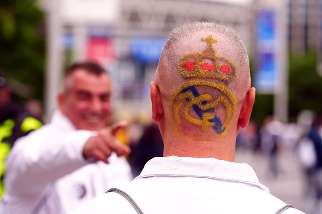 A Real Madrid fan with the club crest cut and dyed into their hair ahead of the UEFA Champions League final at Wembley Stadium in London on Saturday, June 1, 2024. (Photo by Mike Egerton/PA Images via Getty Images)