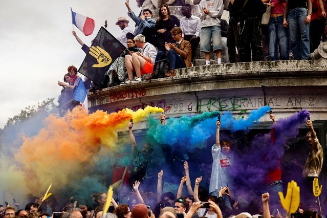 People gather to protest against the French far-right Rassemblement National (National Rally – RN) party, at Place de la Republique, following results in the first round of the early 2024 legislative elections, in Paris, France on July 3, 2024. (Photo by Yara Nardi/Reuters)