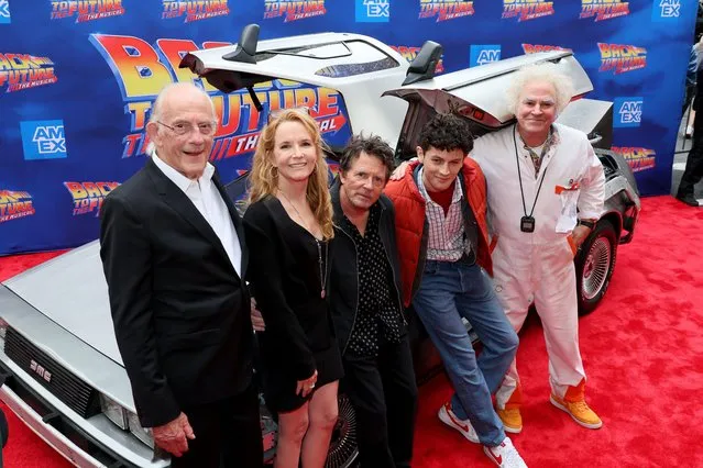 Actors Christopher Lloyd, Lea Thompson, Michael J. Fox, Casey Likes and Roger Bart at the gala performance of “Back to the Future: The Musical” held at Winter Garden Theatre on July 25, 2023 in New York City. (Photo by Bryan Bedder/Variety via Getty Images)