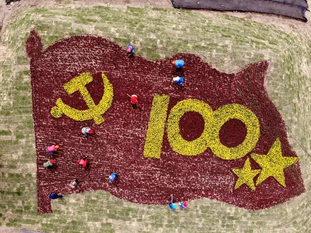 A pattern about the 100th anniversary of the founding of the Communist Party of China is made of more than 200000 flowers in Lianyungang City, Jiangsu Province, China on June 8, 2021. (Photo by Costfoto/Barcroft Media via Getty Images)