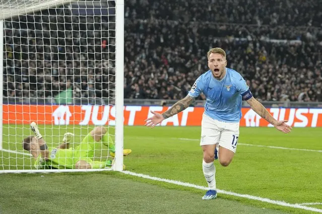 Lazio's Ciro Immobile celebrates after scoring his side's first goal during the Champions League, group E, soccer match between Lazio and Celtic at Rome's Olympic stadium, Tuesday, November 28, 2023. (Photo by Alessandra Tarantino/AP Photo)