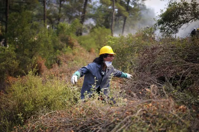 A Turkish volunteer tries to find a way through the bush as they fight wildfires in Turgut village, near tourist resort of Marmaris, Mugla, Turkey, Wednesday, August 4, 2021. As Turkish fire crews pressed ahead Tuesday with their weeklong battle against blazes tearing through forests and villages on the country's southern coast, President Recep Tayyip Erdogan's government faced increased criticism over its apparent poor response and inadequate preparedness for large-scale wildfires. (Photo by Emre Tazegul/AP Photo)