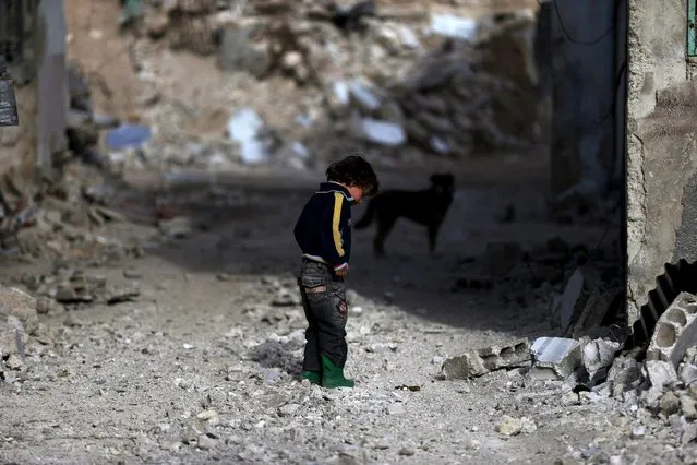 A boy plays with a dog in the rebel-controlled area of Jobar, a suburb of Damascus, Syria March 3, 2016. (Photo by Bassam Khabieh/Reuters)