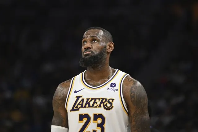 Los Angeles Lakers forward LeBron James reacts during the first half of an NBA basketball game against the Golden State Warriors, Saturday, January 27, 2024, in San Francisco. (Photo by Nic Coury/AP Photo)