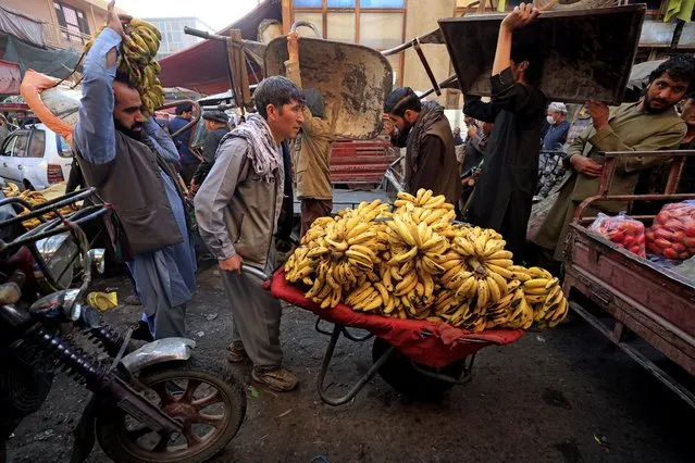 A man pushes a wheelbarrow filled with bananas at the market in Kabul, Afghanistan on October 18, 2021. (Photo by Zohra Bensemra/Reuters)