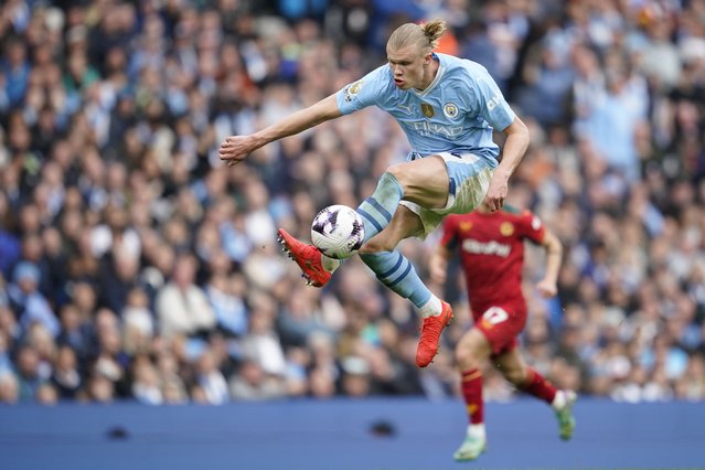 Manchester City's Erling Haaland is in action during the English Premier League soccer match between Manchester City and Wolverhampton Wanderers at the Etihad Stadium in Manchester, England, Saturday, May 4, 2024. (Photo by Dave Thompson/AP Photo)