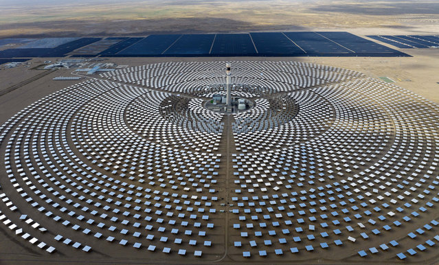 Aerial photo of CGDC Haixi 50 MW molten salt tower solar thermal power generation project in Haixi city, Qinghai province, China, June 1, 2024. (Photo credit should read CFOTO/Future Publishing via Getty Images)