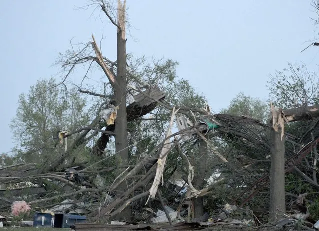 Twisted trees and power lines remain in a residential block near Military Avenue following the tornado in Baxter Springs, Kan., Sunday, April 27, 2014. A powerful storm system rumbled through the central and southern United States on Sunday, spawning a massive tornado that carved through Little Rock's northern suburbs and another that hit Oklahoma and Kansas. (Photo by Roger Nomer/AP Photo/The Joplin Globe)