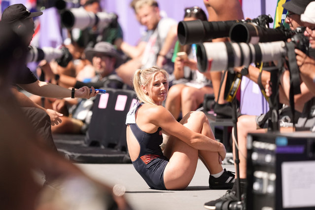 Great Britain's Molly Caudery reacts after being eliminated in the Women's Pole Vault Qualification at the Stade de France on the tenth day of the 2024 Paris Olympic Games in France on Monday, August 5, 2024. (Photo by Martin Rickett/PA Images via Getty Images)